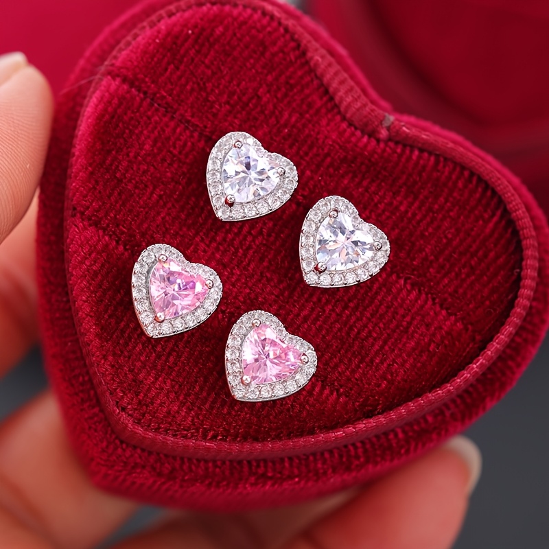 2 Pairs Silvery-Tone Copper Heart Halo Stud Earrings